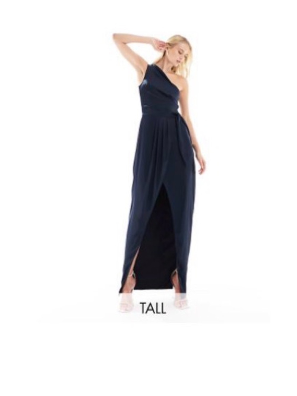 TFNC Navy One-Shoulder Draped Evening Dress with Front Slit